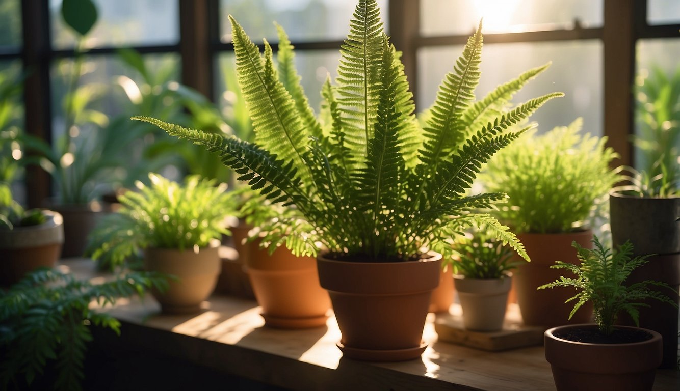 A foxtail fern sits in a bright room, surrounded by pots of other plants.

Sunlight streams in through a nearby window, casting a warm glow on the green fronds