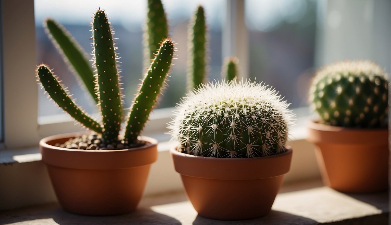 A Bunny Ear Cactus sits in a small terracotta pot on a sunny windowsill.

The spiky pads are a vibrant green, with tiny clusters of white glochids dotting their surface
