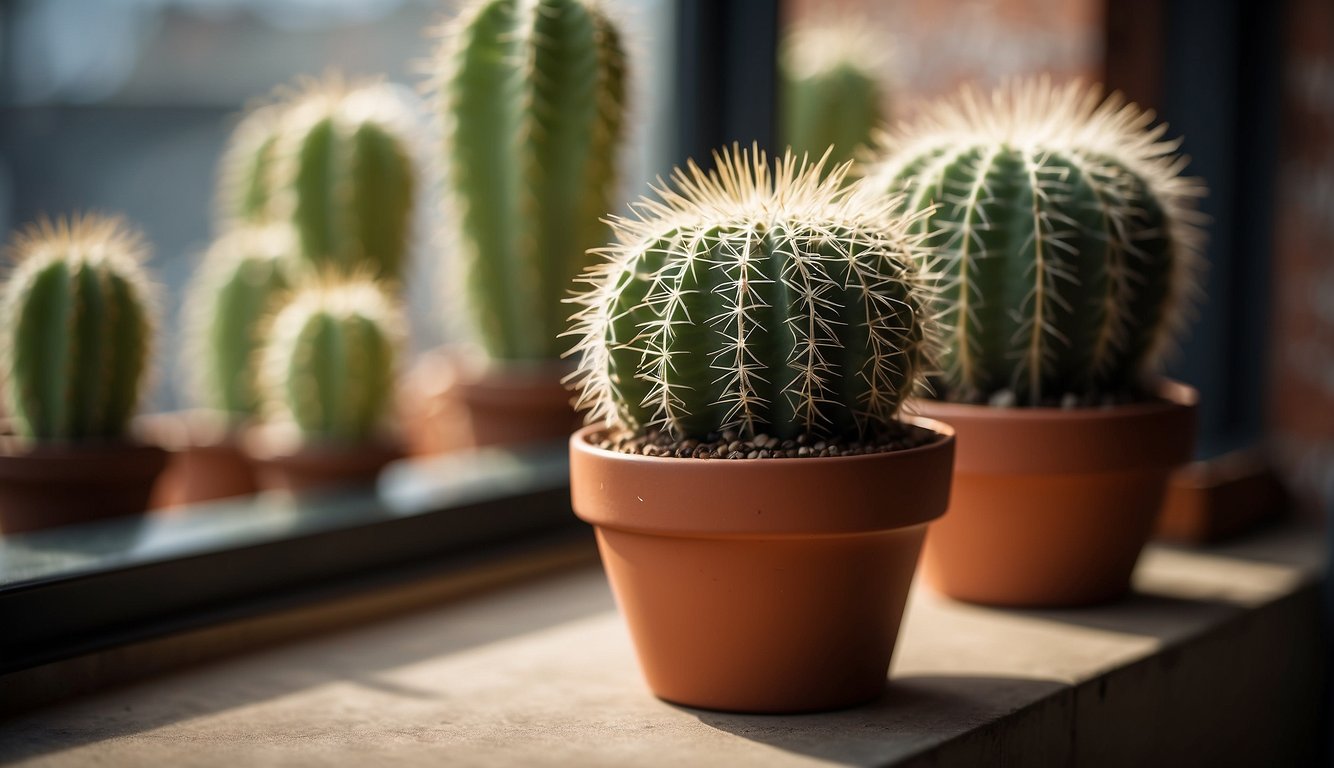 A bunny ear cactus sits in a small terracotta pot on a sunny windowsill.

The spiky pads are a vibrant green, with clusters of tiny white glochids covering the surface