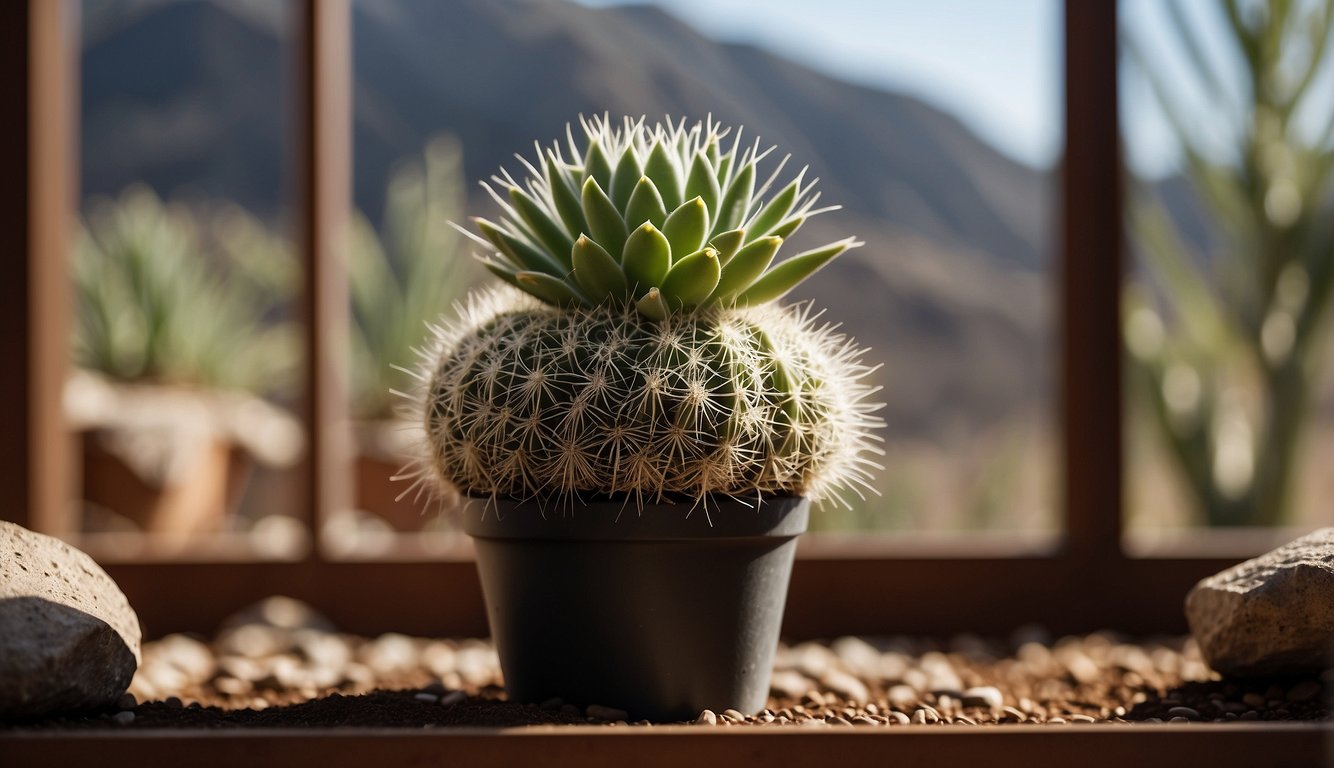 A bunny ear cactus sits in a sunny window, surrounded by well-draining soil and a few rocks.

The plant is healthy, with no signs of overwatering or pests