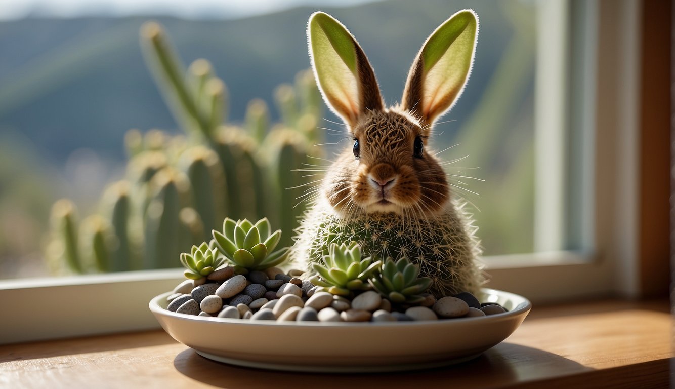A Bunny Ear Cactus sits on a sunny windowsill, surrounded by small pebbles and a shallow dish of water.

The spiky pads of the cactus are a vibrant green, with tiny white dots covering their surface