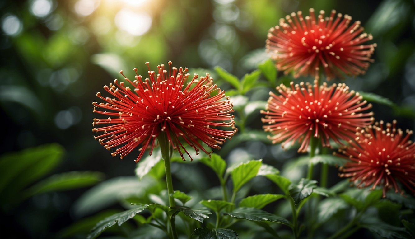 Bright red Firecracker Plant in full bloom, surrounded by lush green foliage, with slender, tubular flowers cascading down like a fiery waterfall