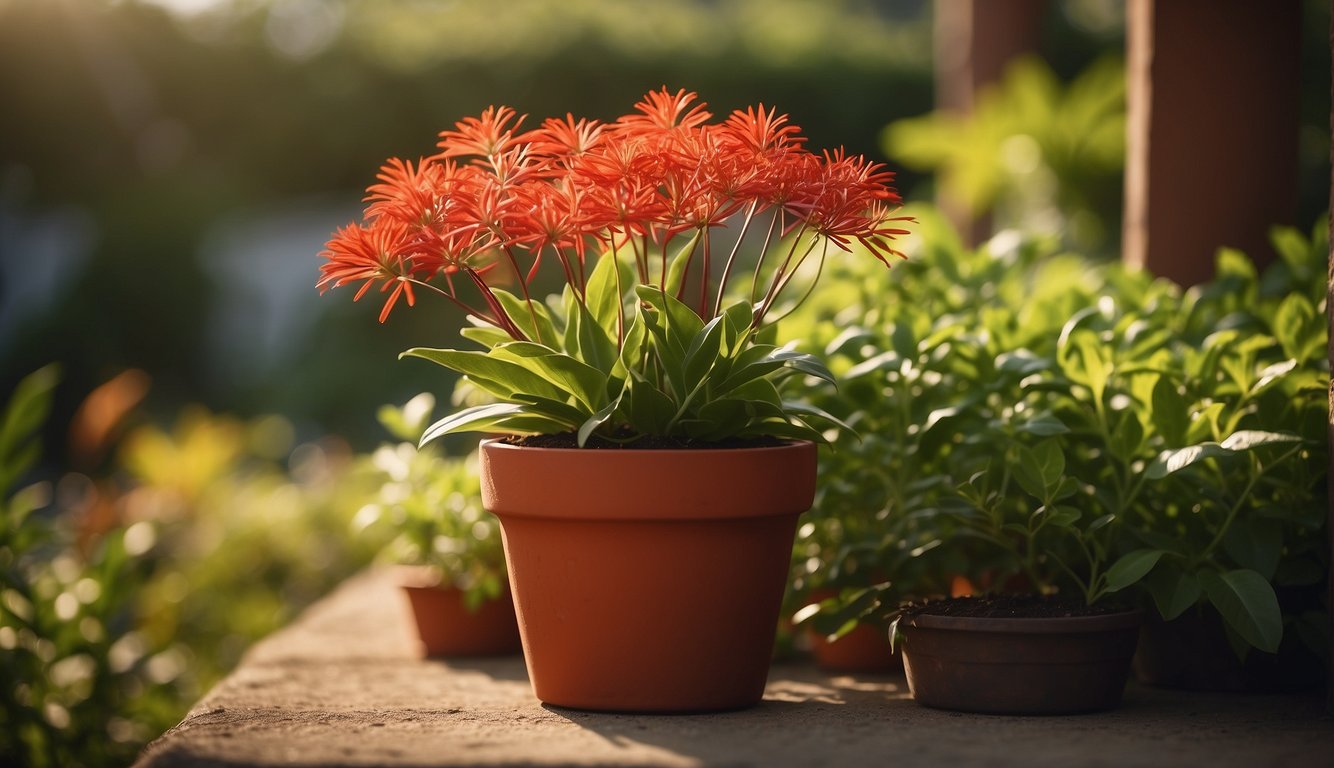 Vibrant red Firecracker Plant in a terracotta pot, surrounded by lush green foliage, under the warm sunlight