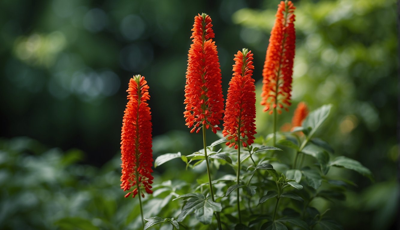 A vibrant firecracker plant blooms against a backdrop of lush green foliage, its slender stems adorned with cascading clusters of bright red tubular flowers