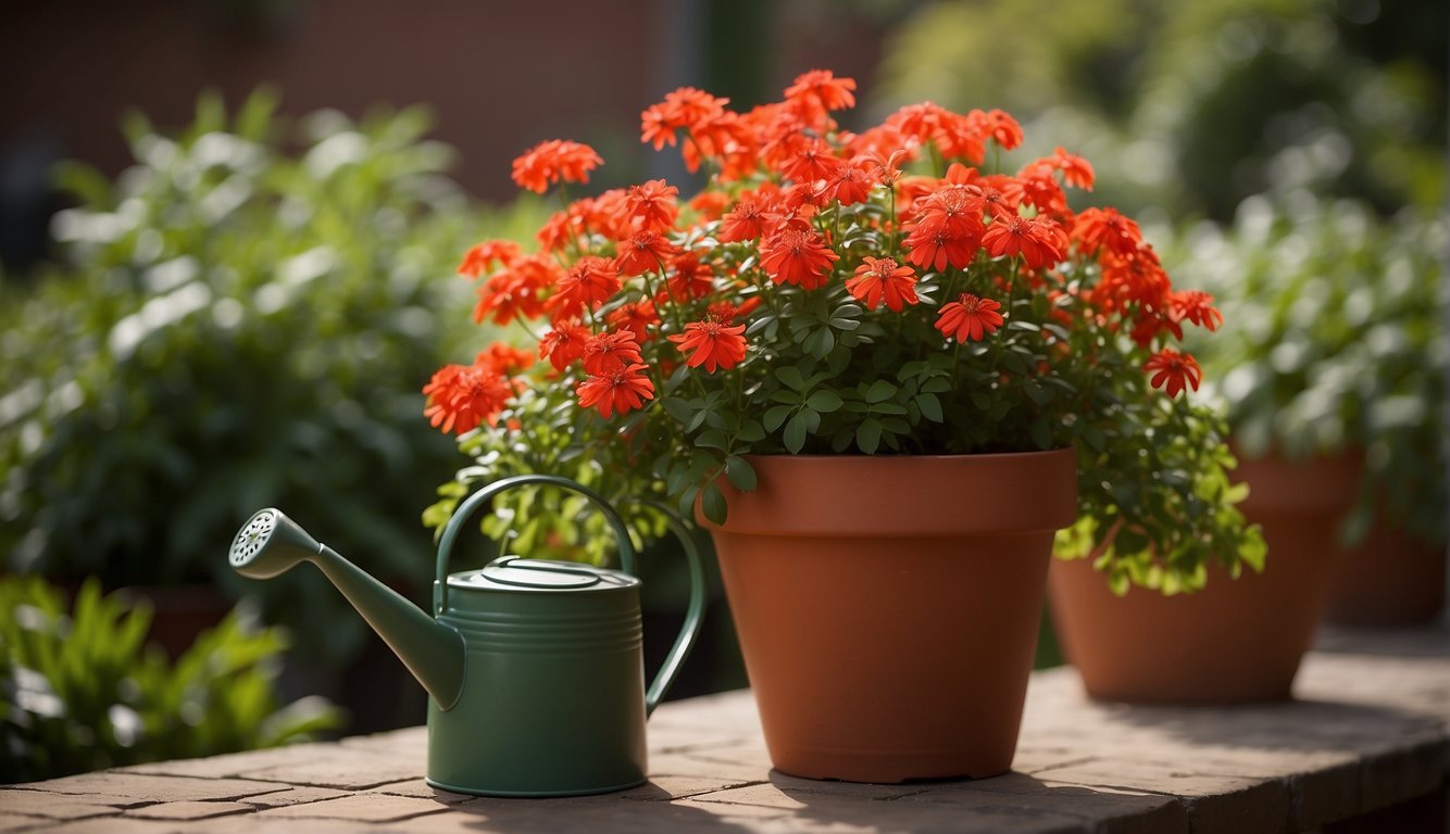 Bright red Russelia equisetiformis flowers cascade over a terracotta pot.

Lush green foliage surrounds the plant, with a watering can nearby