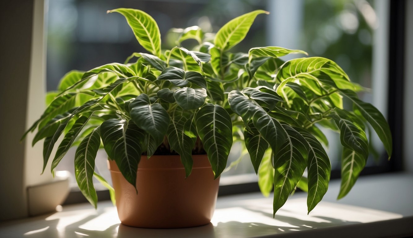 A lush, vibrant Aphelandra sinclairiana plant sits in a decorative pot on a sunny windowsill.

Bright green leaves with striking white veins cascade from the stems, creating a stunning display of tropical beauty