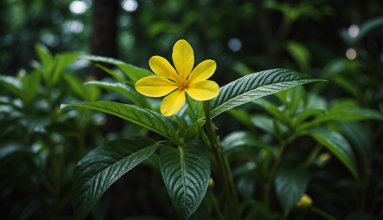 Lush green leaves of the Panama Queen plant cascade down from its tall, slender stem.

Bright yellow flowers peek out from the foliage, adding a pop of color to the tropical scene