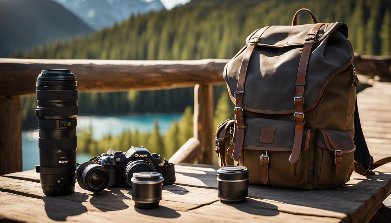 A Qogir backpack sits on a rustic wooden table, surrounded by outdoor adventure gear. The sun shines through a nearby window, casting a warm glow on the bag's sleek, durable design