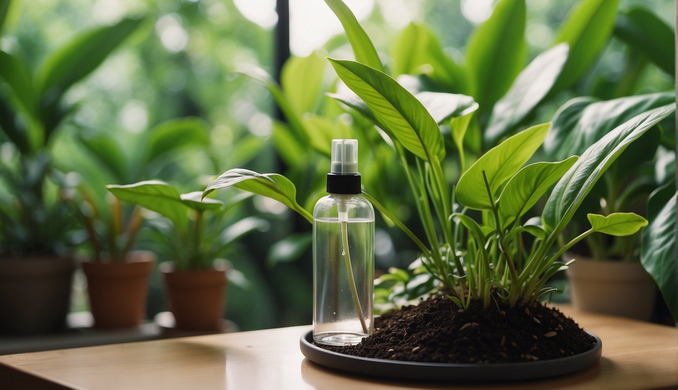 The Panama Queen plant sits in a bright room, surrounded by other tropical greenery.

A spray bottle and small gardening tools are nearby, ready for use. The plant is healthy and vibrant, with lush, glossy leaves