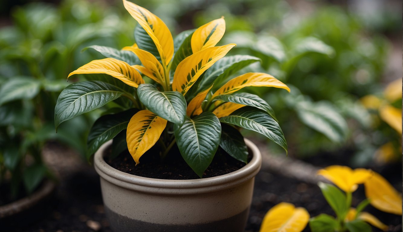 A lush, vibrant Aphelandra sinclairiana plant sits in a decorative pot, surrounded by a mix of rich, well-draining soil.

The glossy, deep green leaves are adorned with striking yellow and white striped patterns, adding a pop of color