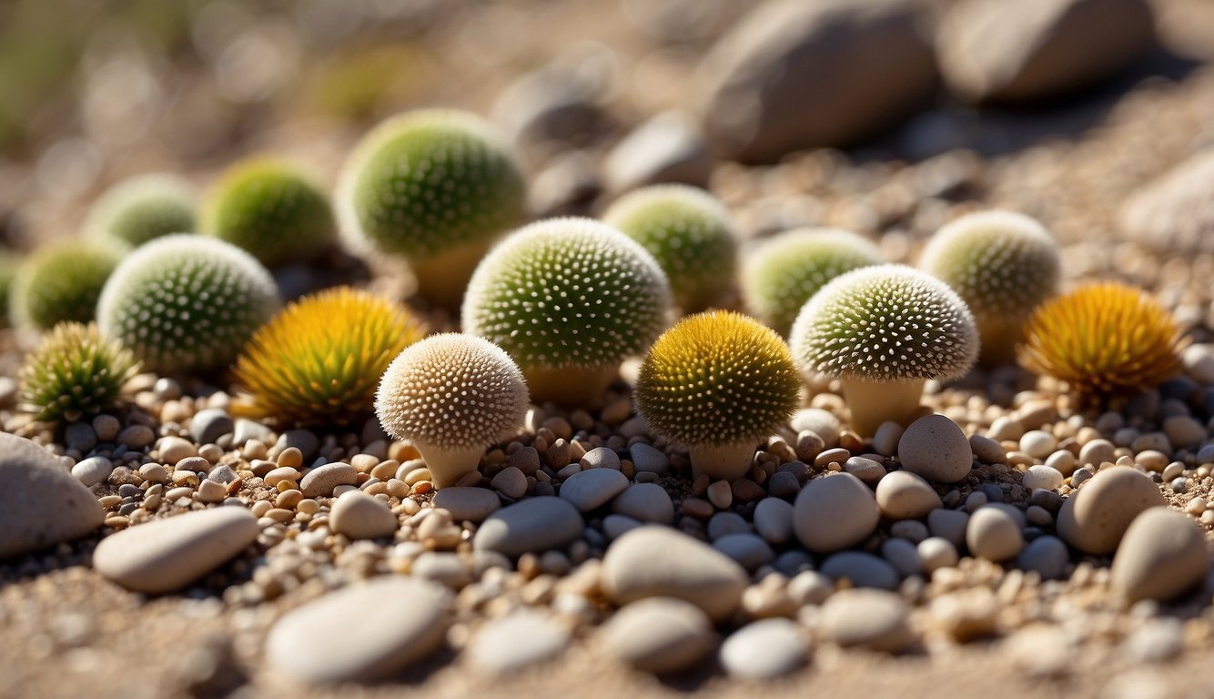 A collection of colorful lithops plants arranged in a desert landscape, with small pebbles and sand surrounding them.

The plants are varying in size and shape, showcasing their unique and fascinating appearance