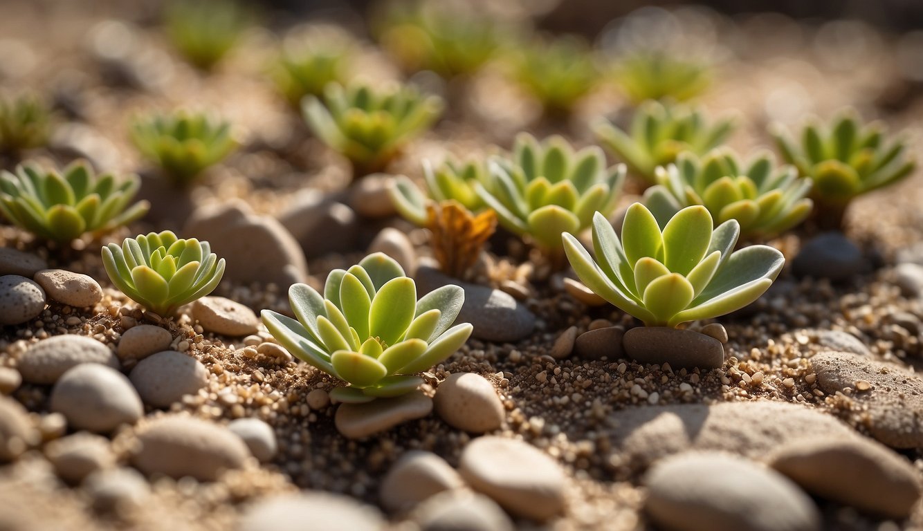 Lithops plants bloom in sandy soil.

Sunlight filters through as they absorb water, storing it in their fleshy leaves. New pairs of leaves emerge, revealing vibrant colors and unique patterns