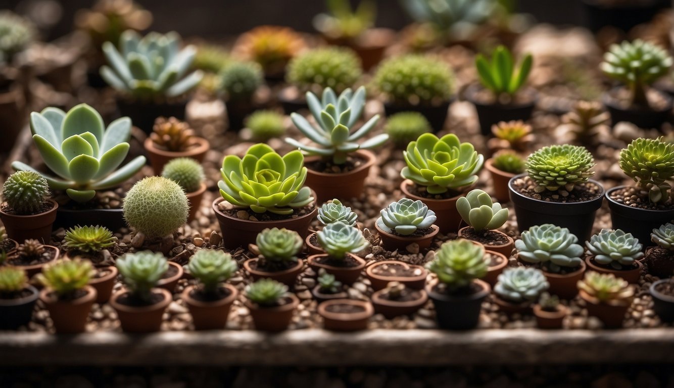 A collection of lithops plants in various stages of growth, surrounded by pots and soil.

Some plants show signs of overwatering, while others appear healthy. A care guide book sits nearby