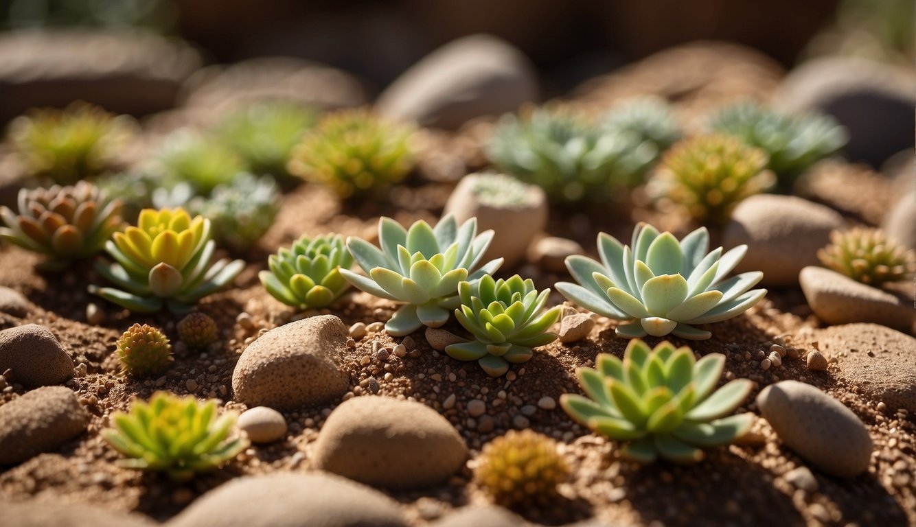 A collection of colorful and textured lithops plants arranged on a bed of sandy soil, with sunlight streaming in from a nearby window
