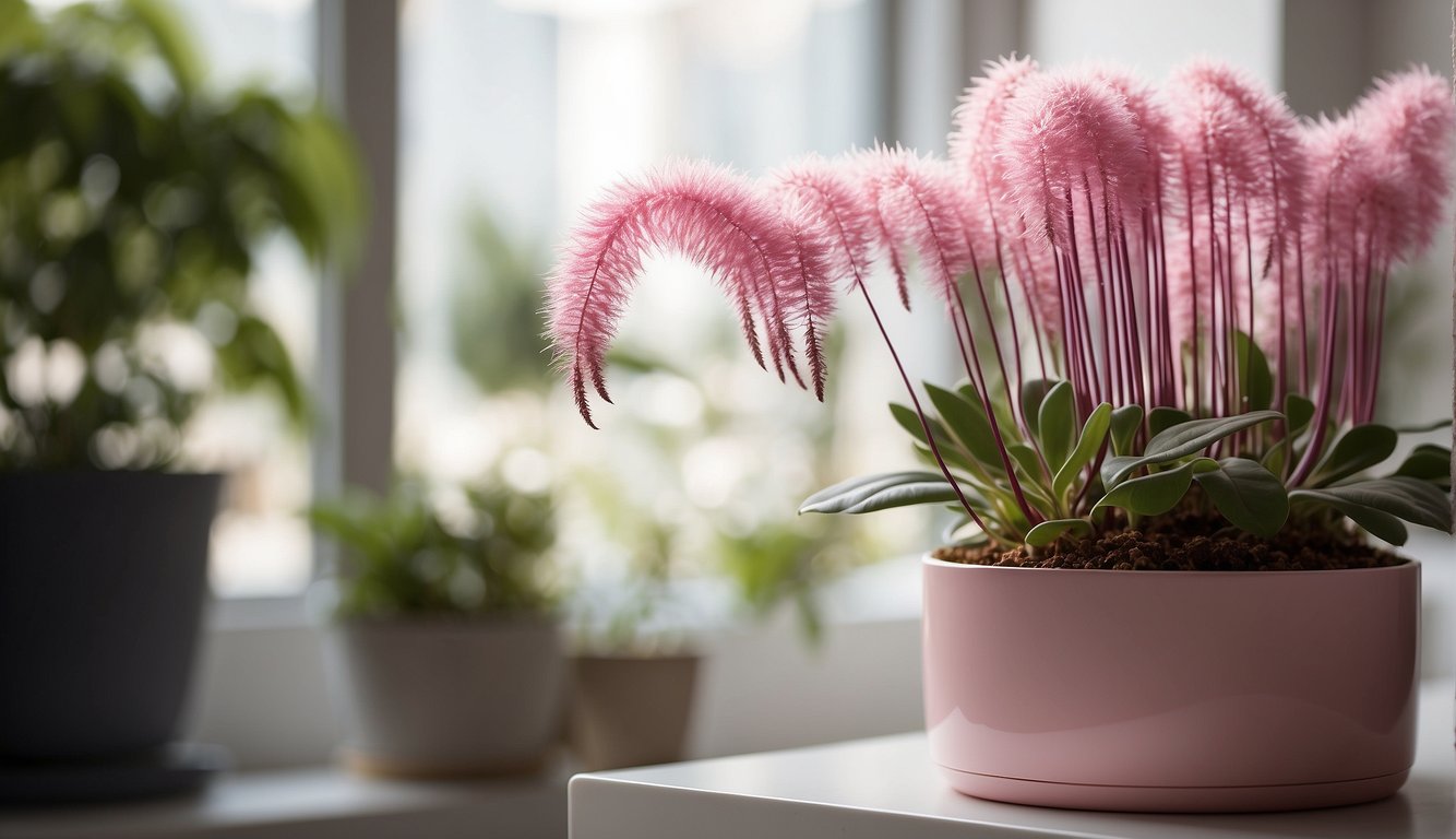 A Pink Quill Plant sits in a bright, airy room, nestled in a hanging planter.

Its long, slender leaves are a vibrant shade of pink, with delicate purple flowers emerging from the center