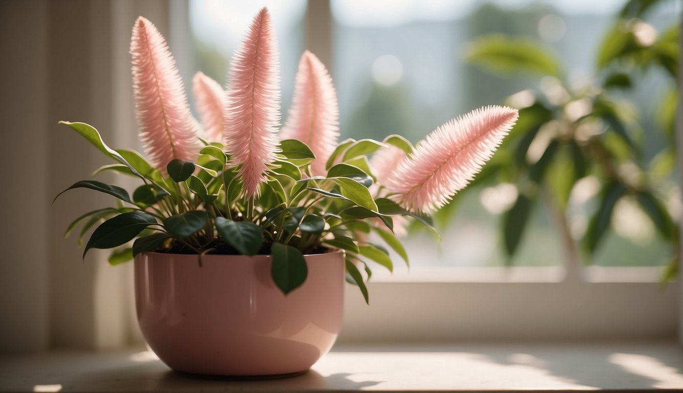A pink quill plant sits in a bright, airy room, nestled in a hanging planter.

Sunlight filters through the window, casting a warm glow on the delicate pink flowers and spiky green leaves