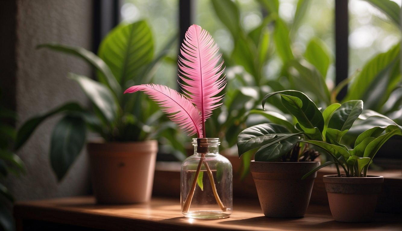 The pink quill plant sits on a wooden shelf, surrounded by other tropical plants.

Sunlight filters through the window, casting a warm glow on the vibrant pink and green leaves.

A small misting bottle and a bag of specialized fertilizer are nearby,