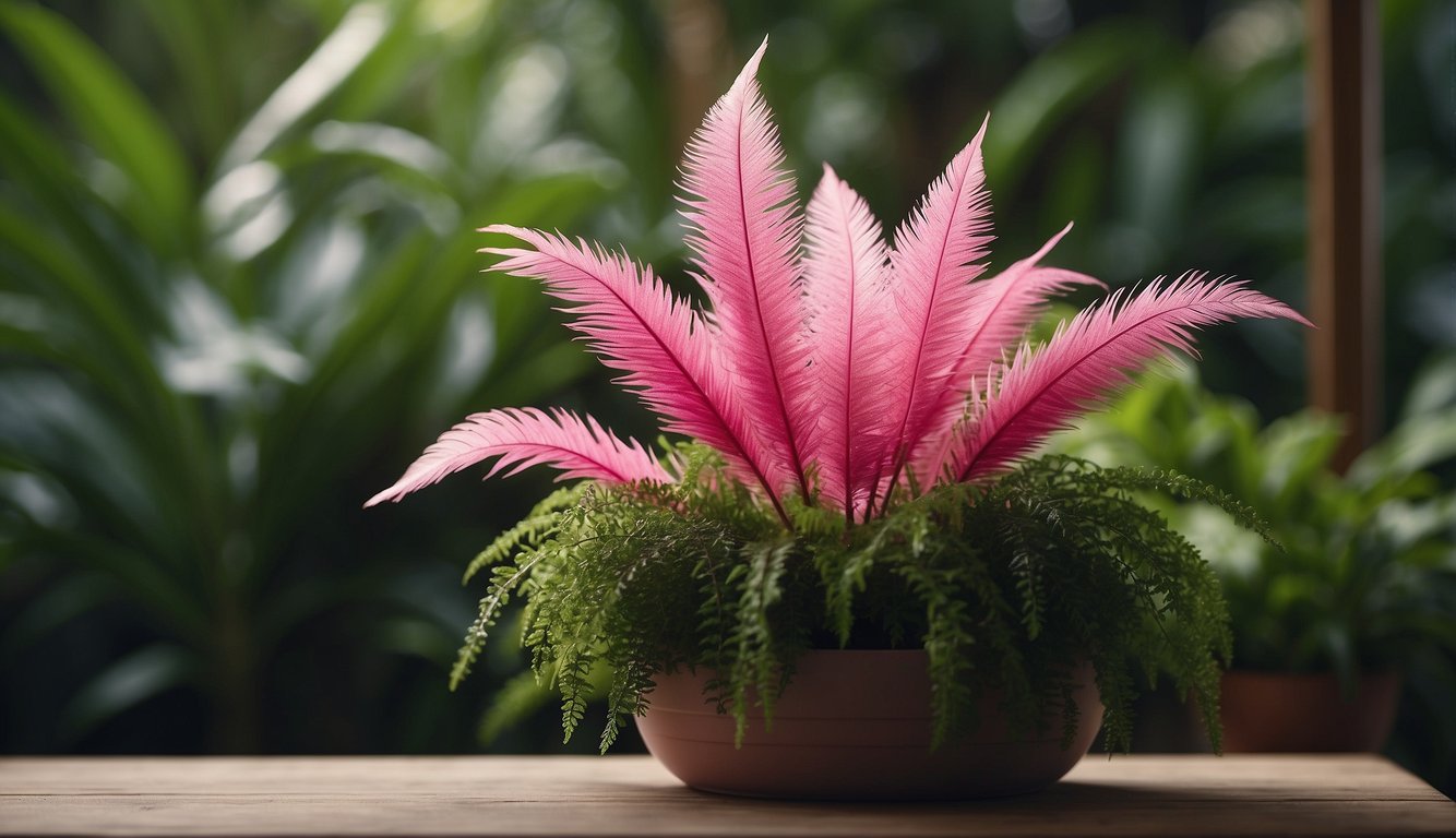 A vibrant pink quill plant sits in a hanging pot, surrounded by lush green foliage.

The plant's long, slender leaves curve gracefully, and its pink flower spike adds a pop of color