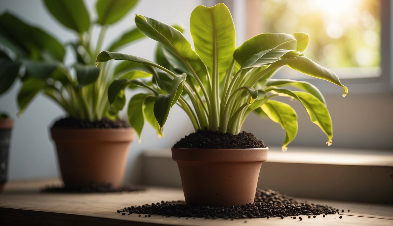 A dwarf banana plant stands in a bright, sunny room.

It is potted in rich, well-draining soil and surrounded by a few small, decorative rocks. It is watered regularly and has lush, green leaves