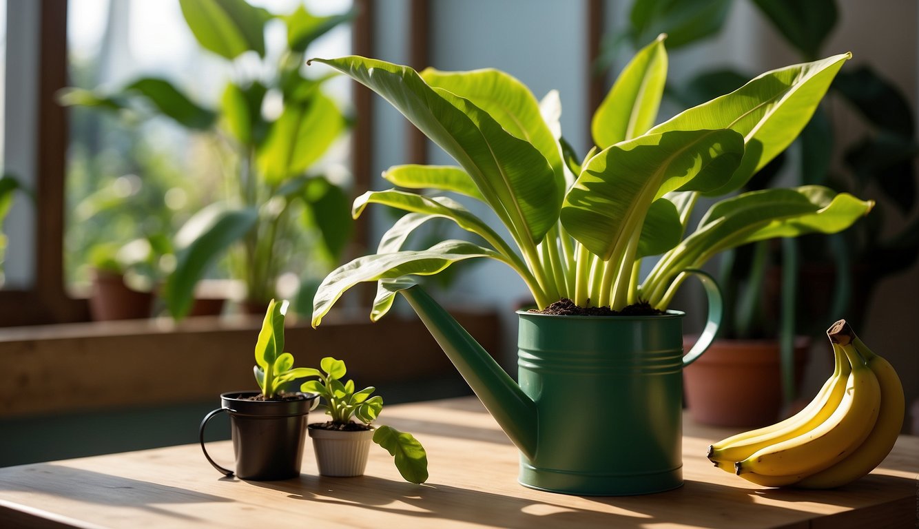 A dwarf banana plant sits in a bright, sunny room.

A watering can and pruning shears are nearby. The plant is healthy with vibrant green leaves and a small bunch of bananas growing
