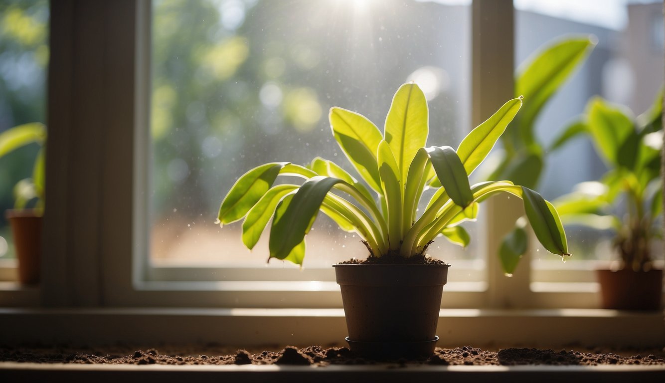 A dwarf banana plant sits in a sunny room, surrounded by well-draining soil and watered regularly.

It is positioned near a window to receive ample sunlight