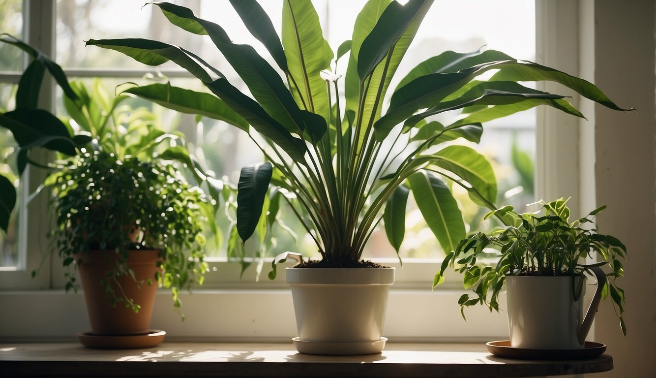 A giant white bird of paradise plant stands tall in a sunlit room, its broad leaves reaching towards the ceiling.

A watering can and pruning shears sit nearby, ready for plant care and maintenance