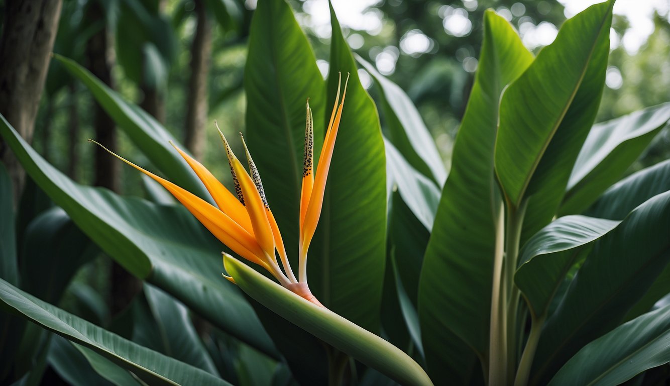 A large Strelitzia nicolai plant with broad, banana-like leaves reaching towards the sky, surrounded by lush green foliage