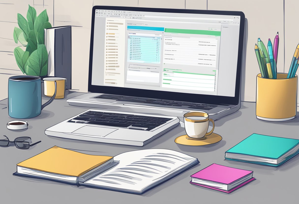 Ein Computerbildschirm, auf dem Programmierübungen angezeigt werden, sowie Bücher und ein Notizbuch auf einem Schreibtisch. Eine Tasse Kaffee steht daneben