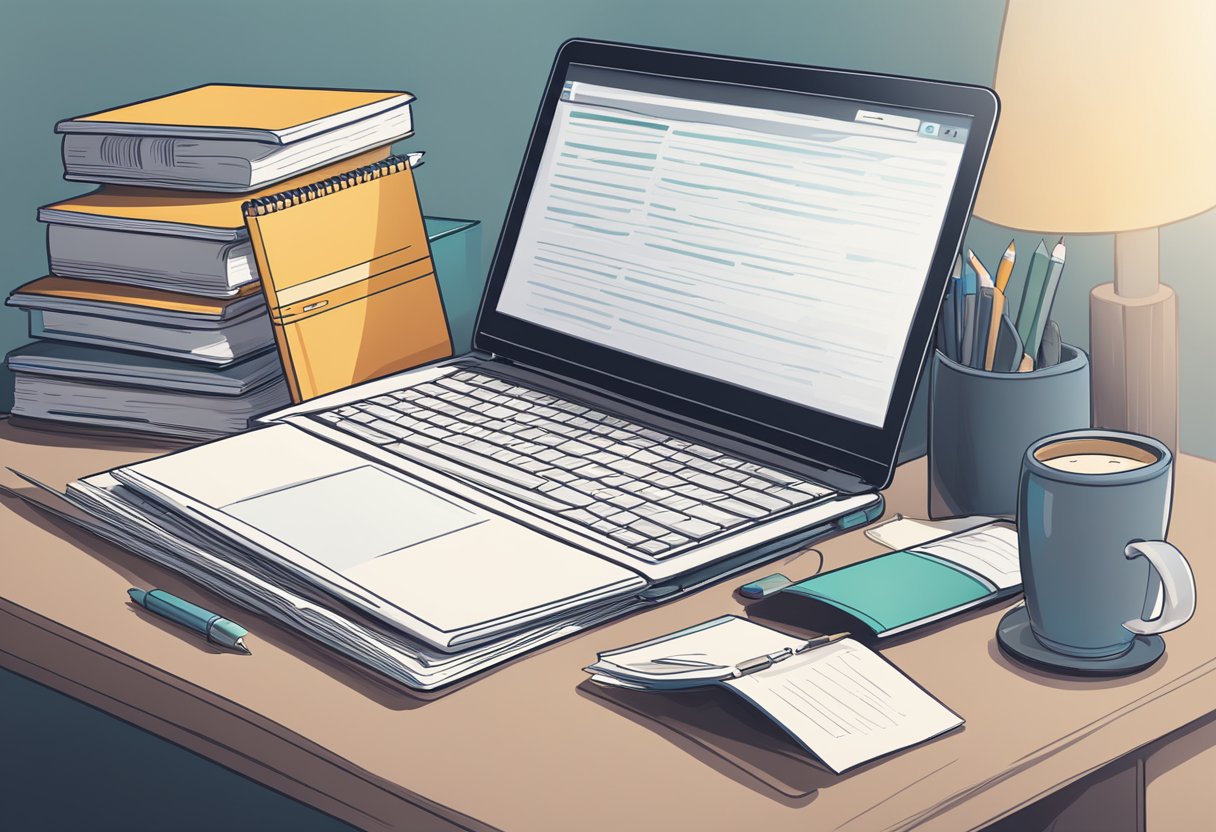 A laptop open on a desk, surrounded by coding books and a notepad. A stack of programming language manuals sits next to it