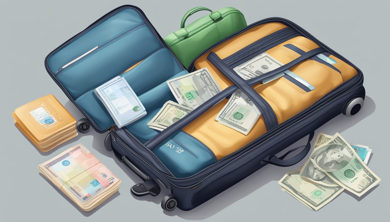 A travel bag with passport, boarding pass, ID, and currency