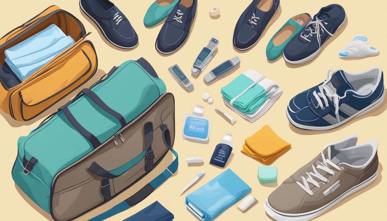 A travel bag with folded clothes, shoes, and toiletries neatly arranged on a flat surface