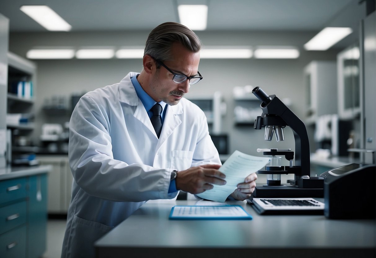 ISO 17025 Risk management - A lab technician carefully examines equipment, documents, and procedures, identifying potential risks and taking steps to mitigate them