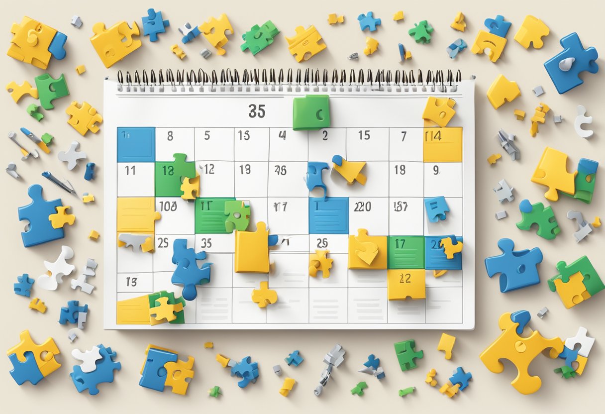 A calendar with "Autism and ADHD Awareness Month" highlighted in bold, surrounded by puzzle pieces and fidget toys