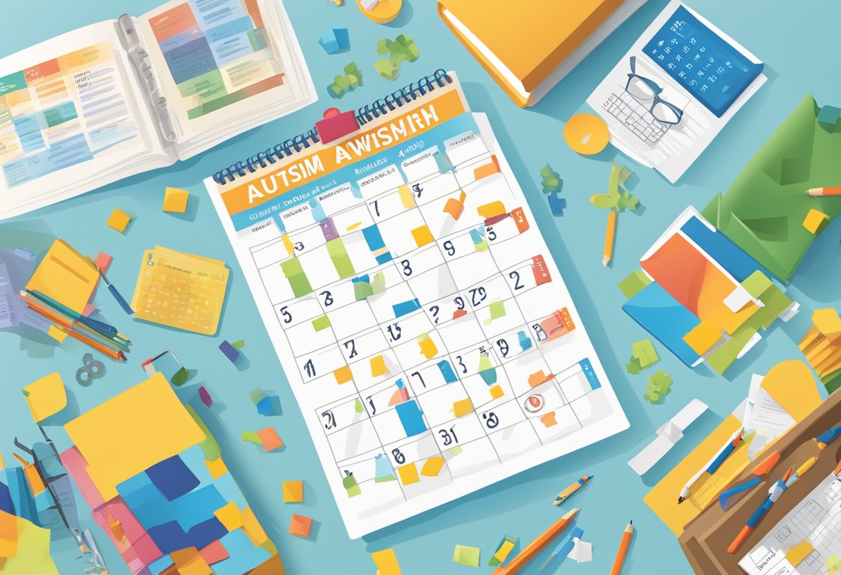 A calendar with "Autism and ADHD Awareness Month" highlighted in bold, surrounded by educational materials and event flyers