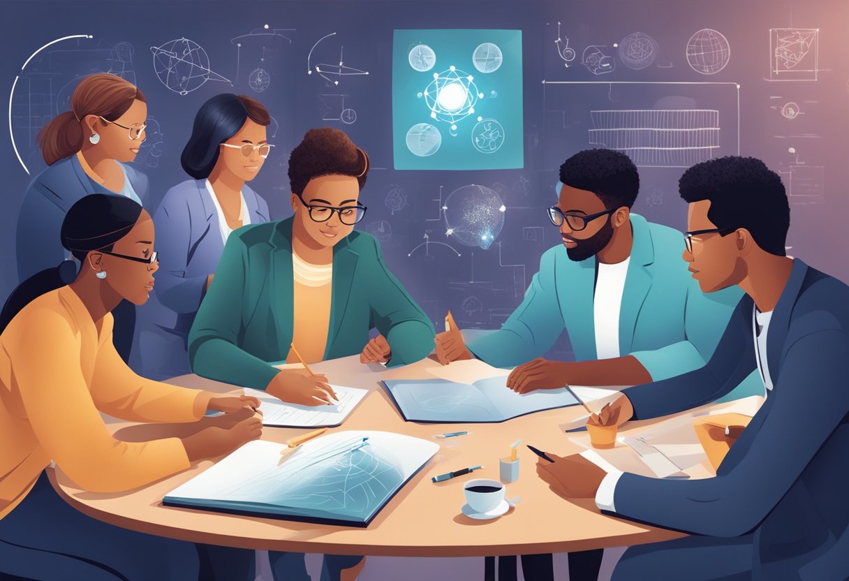 A group of diverse individuals engage in discussions and activities, surrounded by symbols of science and society progress