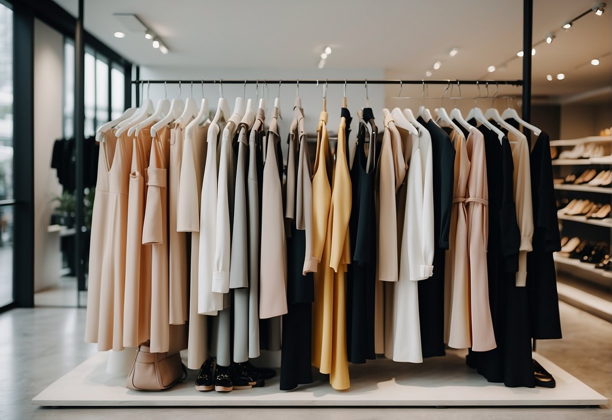 A display of stylish women's clothing, including chic dresses, trendy tops, and fashionable accessories, arranged on sleek modern racks in a bright, minimalist boutique