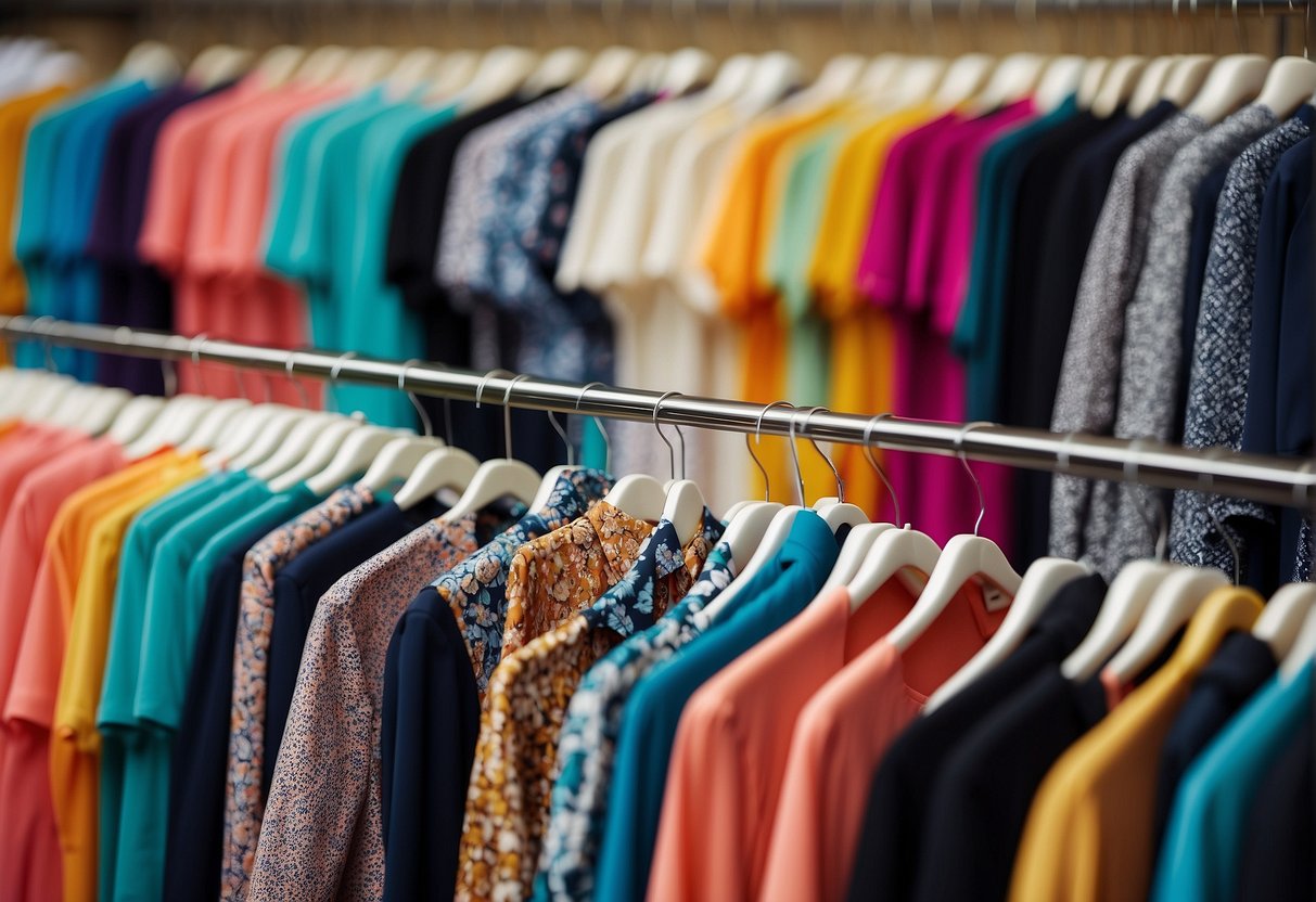 A colorful display of stylish tops and blouses arranged on hangers, with various patterns and textures, ready for fashionable women to wear