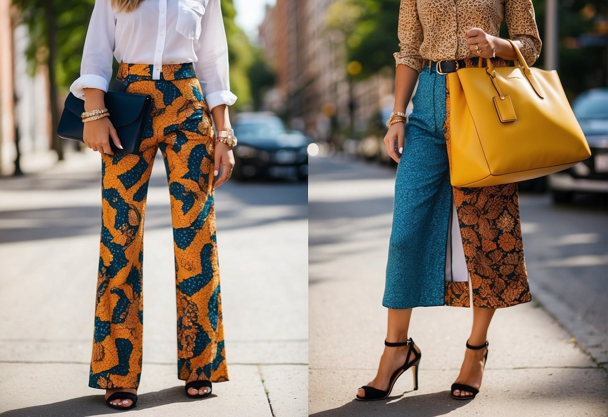 Vibrant patterned skirts and stylish trousers with eye-catching details, paired with chic shoes and accessories, creating a bold and fashionable ensemble