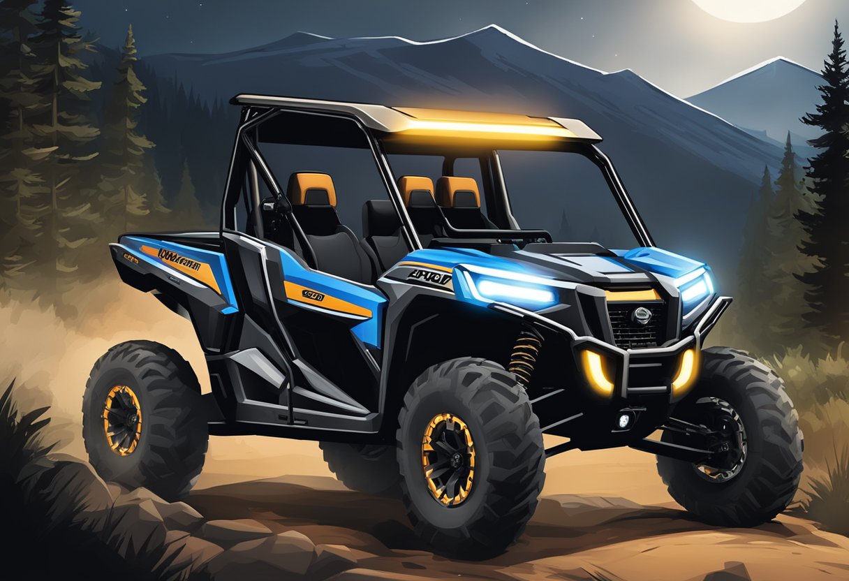 A UTV equipped with top-rated LED light bars races through rugged terrain at night, illuminating the path ahead with powerful, bright beams