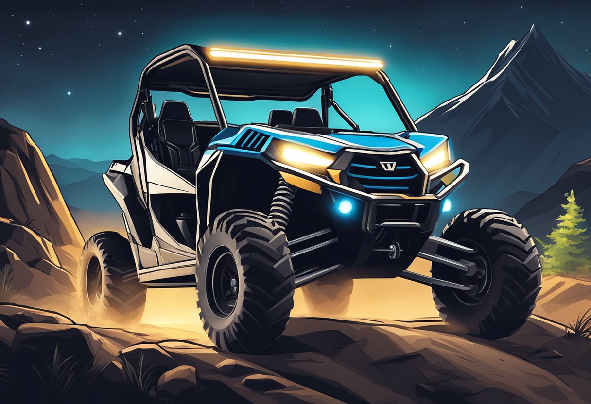 A UTV with LED light bars off-roading through rugged terrain at night, illuminating the path ahead with bright, focused beams