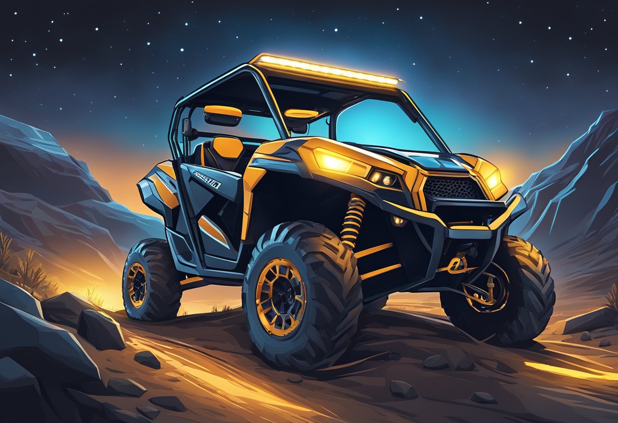 A UTV with high-quality LED light bars off-roading through rugged terrain at night, illuminating the path ahead with bright, powerful beams