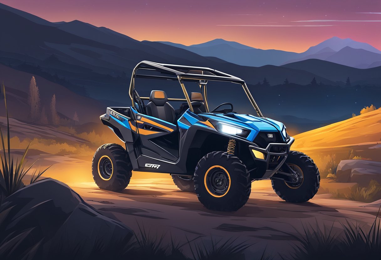 A UTV with LED light bars installed, parked on rugged off-road terrain at night, with the lights shining brightly, illuminating the surroundings