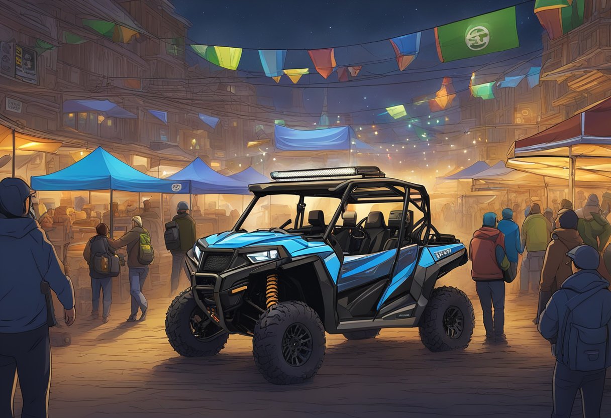 A bustling market with various LED light bars on display for UTV off-roading enthusiasts. Brightly lit stalls showcase the latest and best options for adventurous drivers