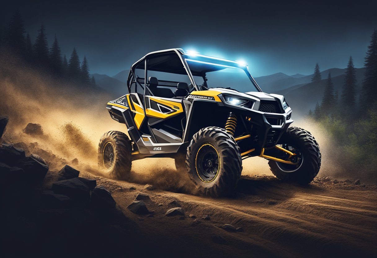 A UTV with LED light bars races through rugged terrain, kicking up dirt and debris. The powerful lights cut through the darkness, illuminating the path ahead