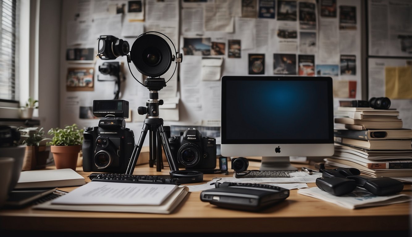 A cluttered desk with a laptop, notepads, and scattered papers. A wall covered in film posters and a shelf of filmmaking books. A whiteboard with business plans and a camera on a tripod