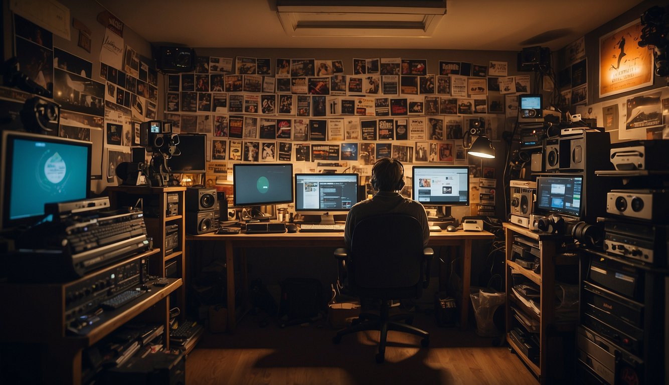 A lone filmmaker sits at a makeshift desk, surrounded by film equipment and computer screens. The room is cluttered but full of creative energy, with posters of classic movies adorning the walls