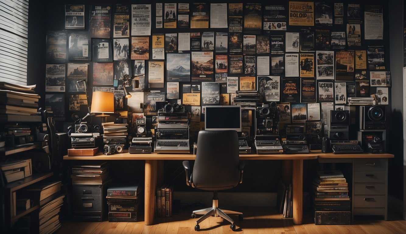 A cluttered desk with a laptop, camera, and paperwork. A shelf holds film equipment and books on film production. Walls are adorned with film posters and inspirational quotes