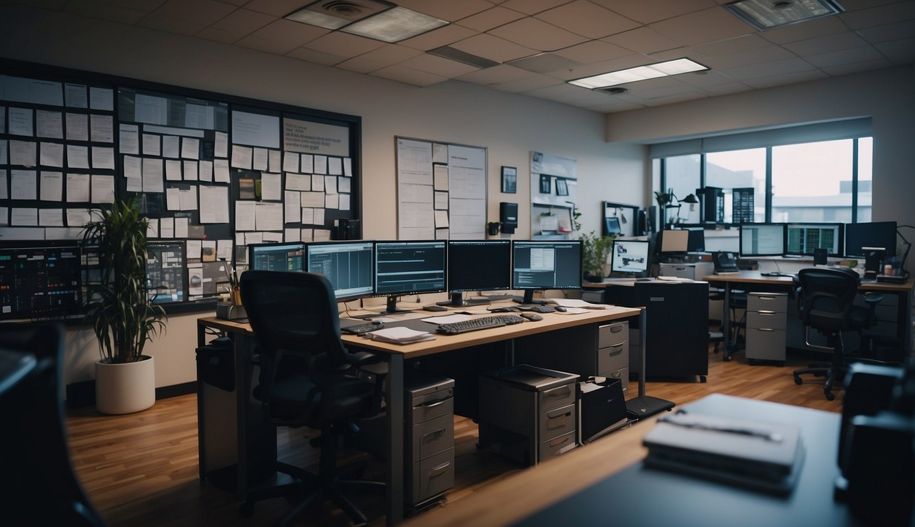A bustling film production office with equipment, scripts, and storyboards scattered on desks. A whiteboard displays growth strategies and a calendar filled with production dates
