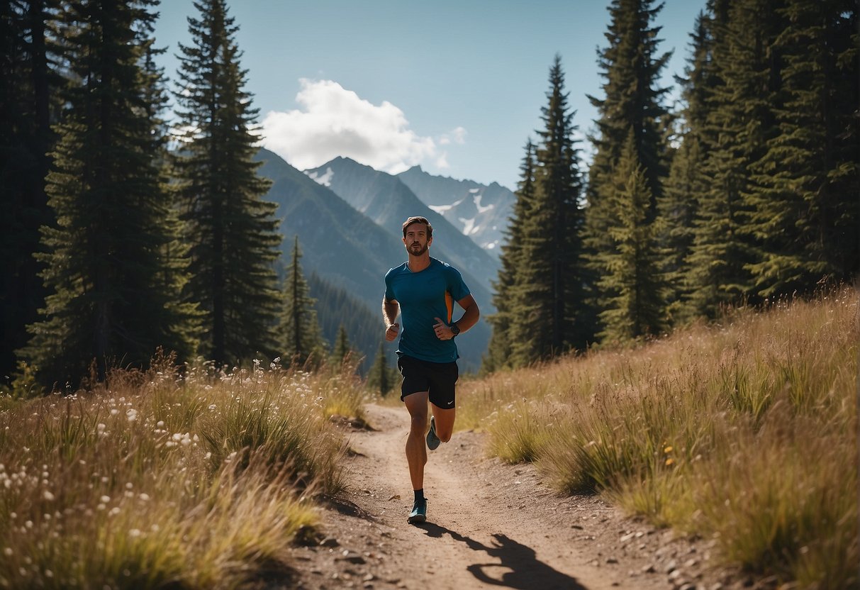 A runner on a trail, surrounded by trees and mountains, with a clear path ahead and a sense of determination in their stride