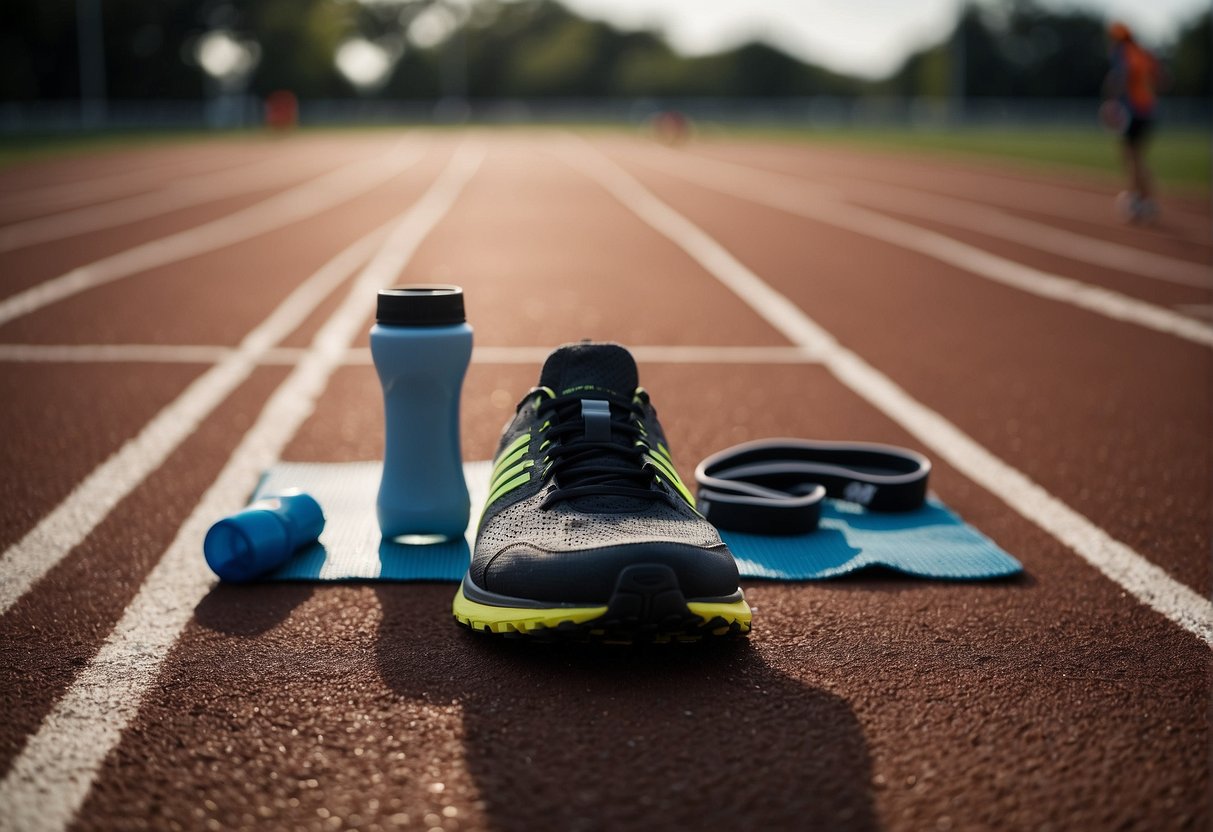 A runner's base training scene: shoes, stopwatch, water bottle, running track, and stretching mat